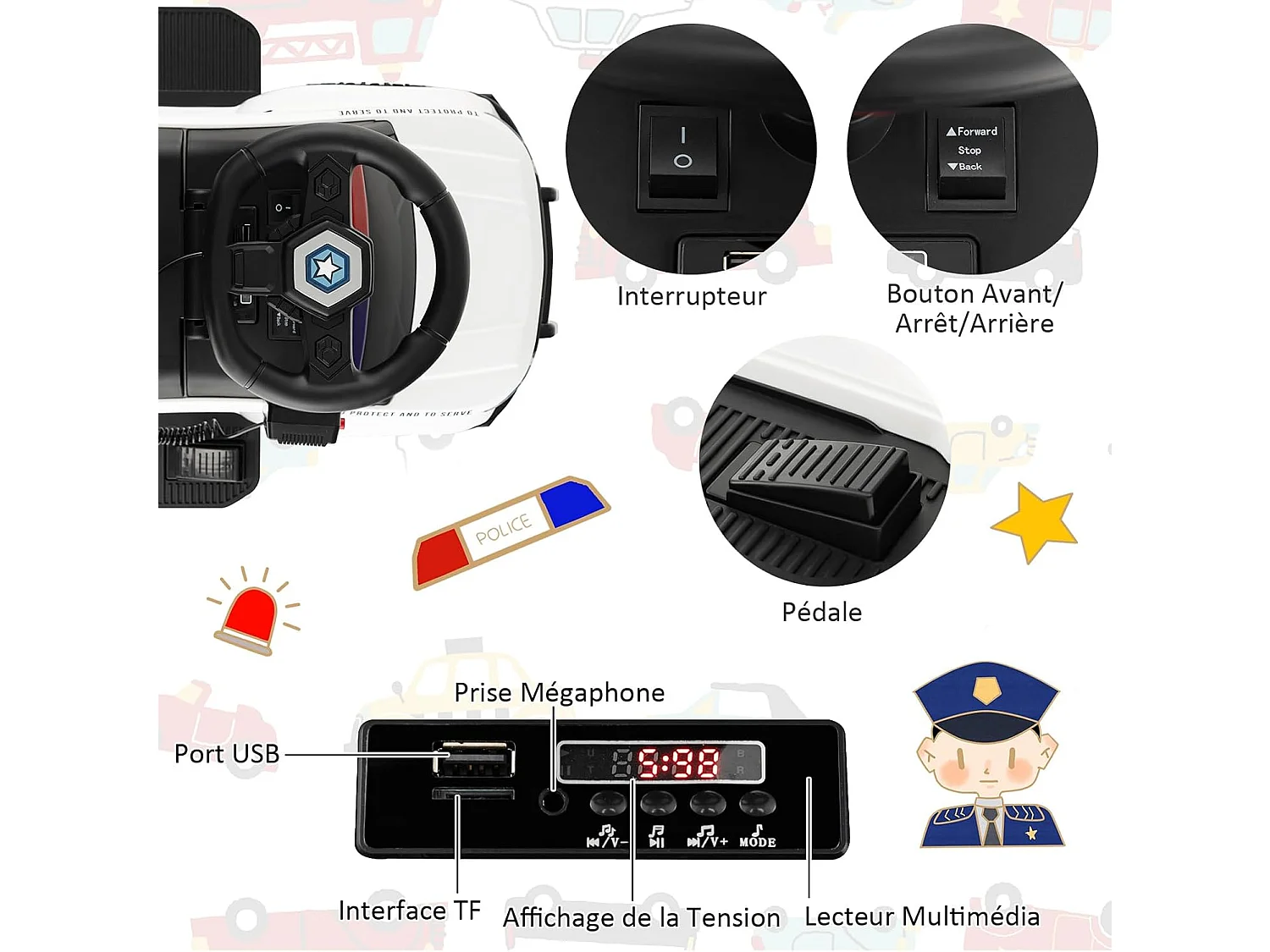 Porteur Voiture de Police Électrique Blanche avec Mégaphone, Lumières Clignotantes, Stockage Caché et Dispositif Anti-basculement