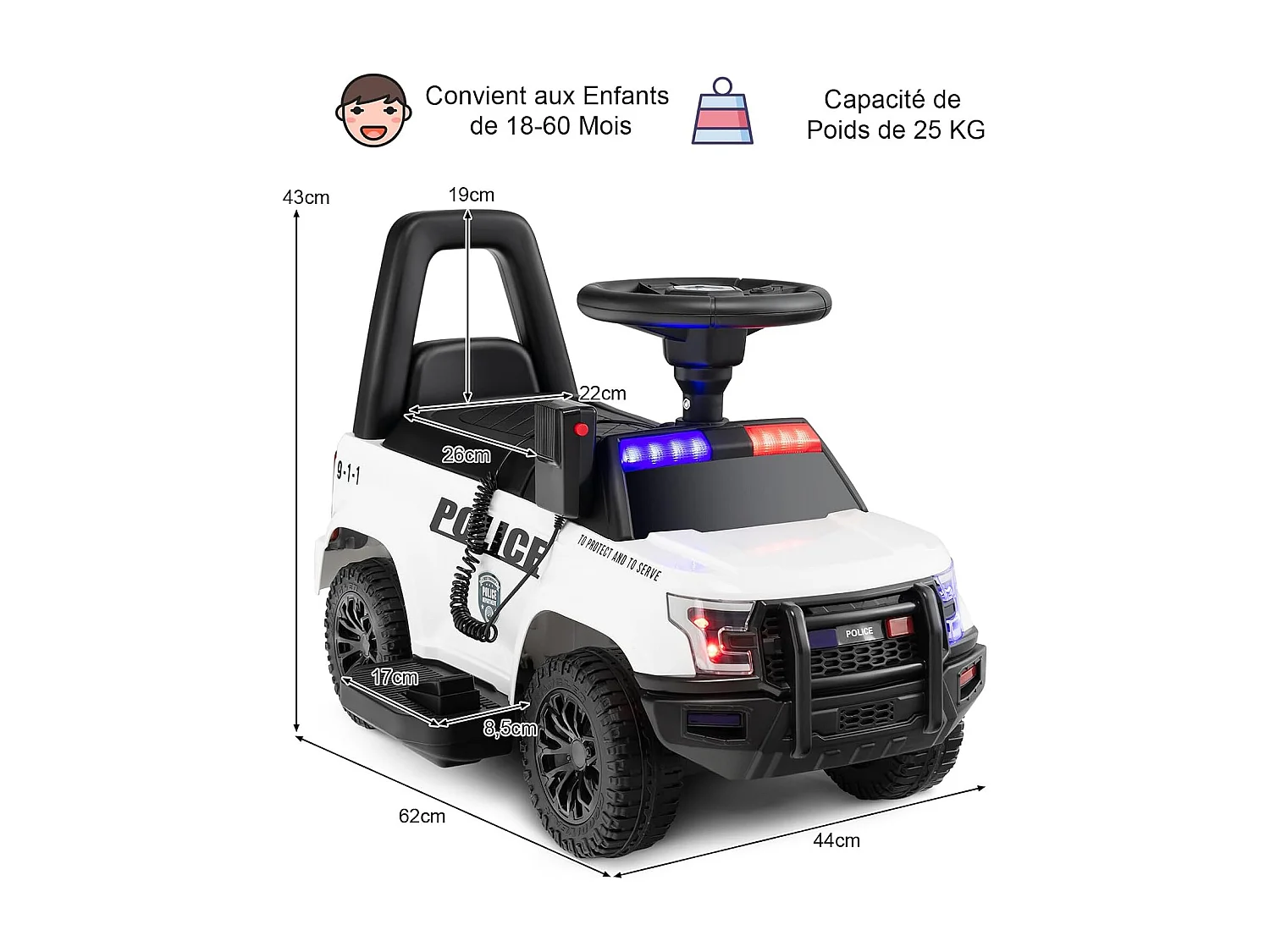 Porteur Voiture de Police Électrique Blanche avec Mégaphone, Lumières Clignotantes, Stockage Caché et Dispositif Anti-basculement