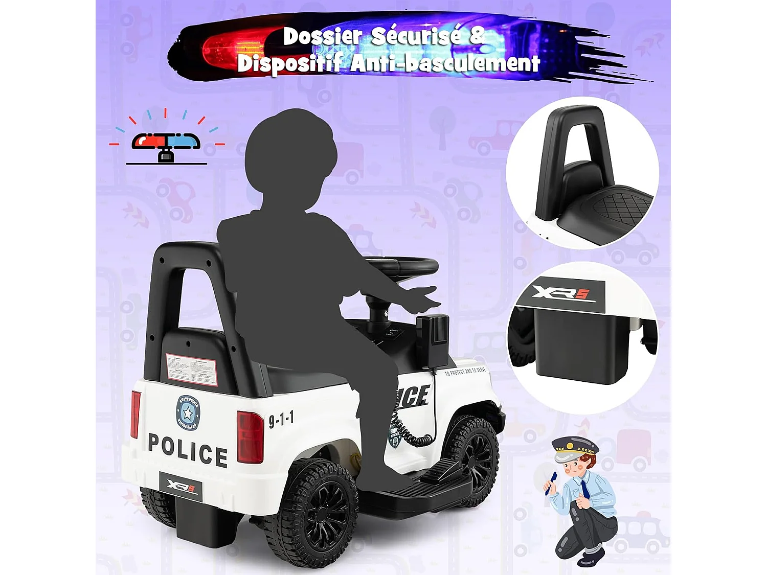 Porteur Voiture de Police Électrique Blanche avec Mégaphone, Lumières Clignotantes, Stockage Caché et Dispositif Anti-basculement
