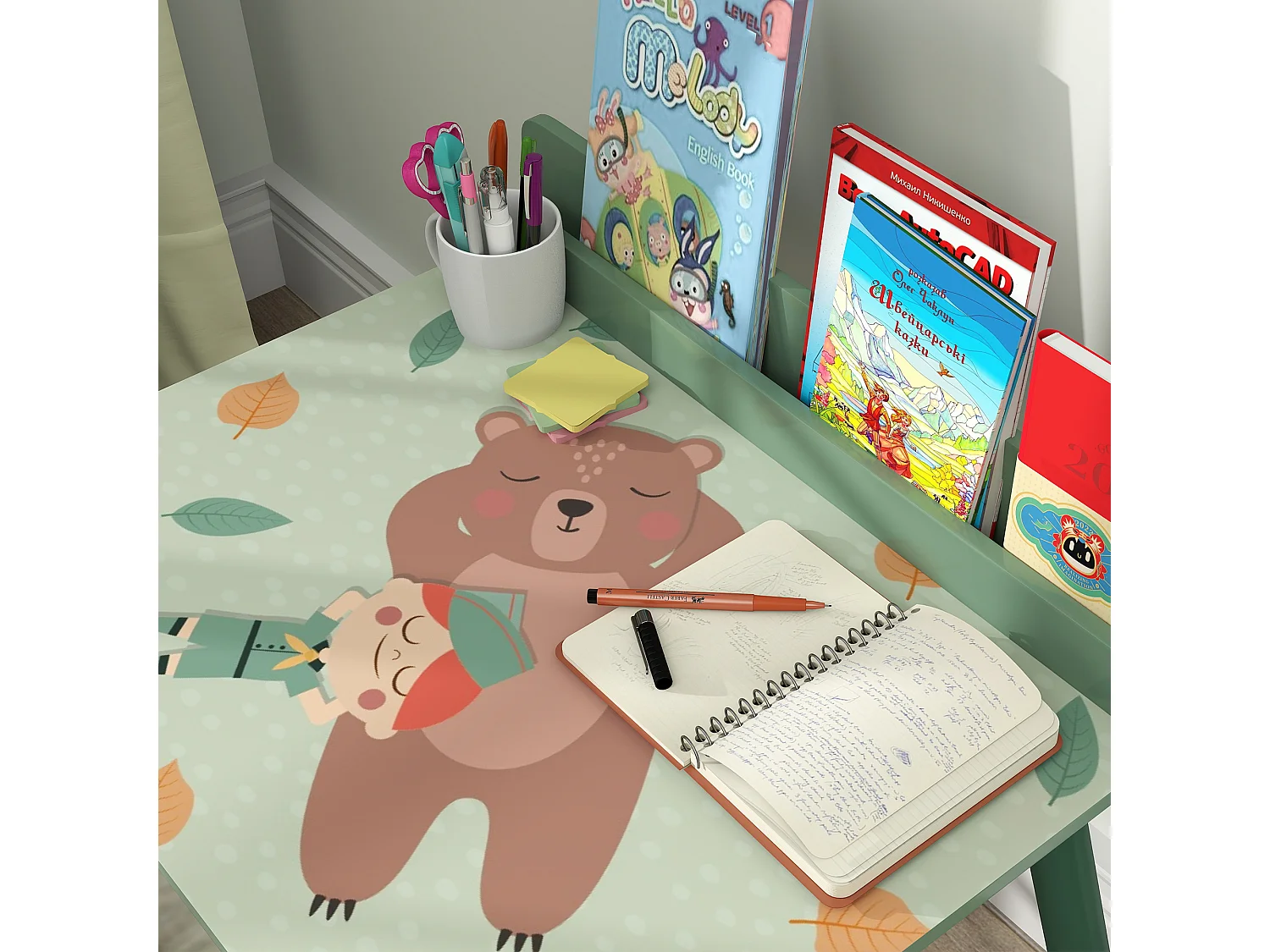 Ensemble table et tabouret enfant design animaux de la fôret - porte-livres intégré - bois rose