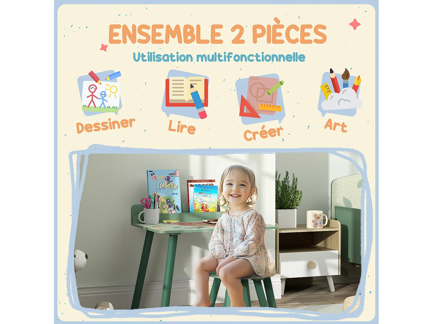 Ensemble table et tabouret enfant design animaux de la fôret - porte-livres intégré - bois rose
