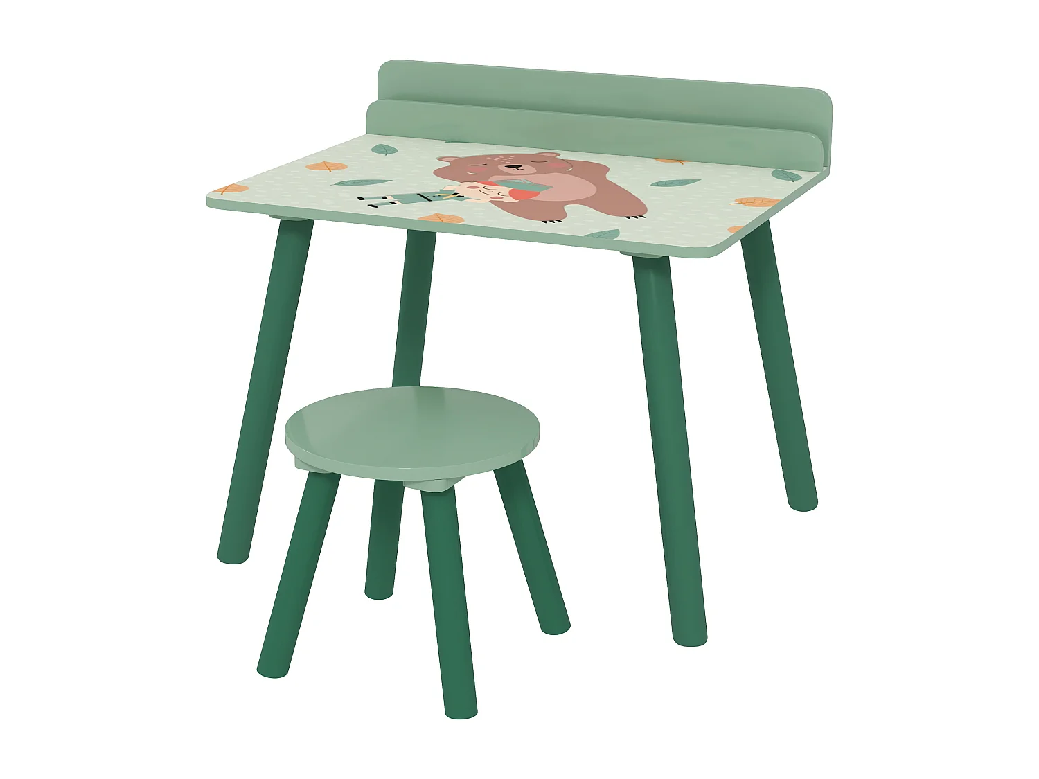 Ensemble table et tabouret enfant design animaux de la fôret - porte-livres intégré - bois rose