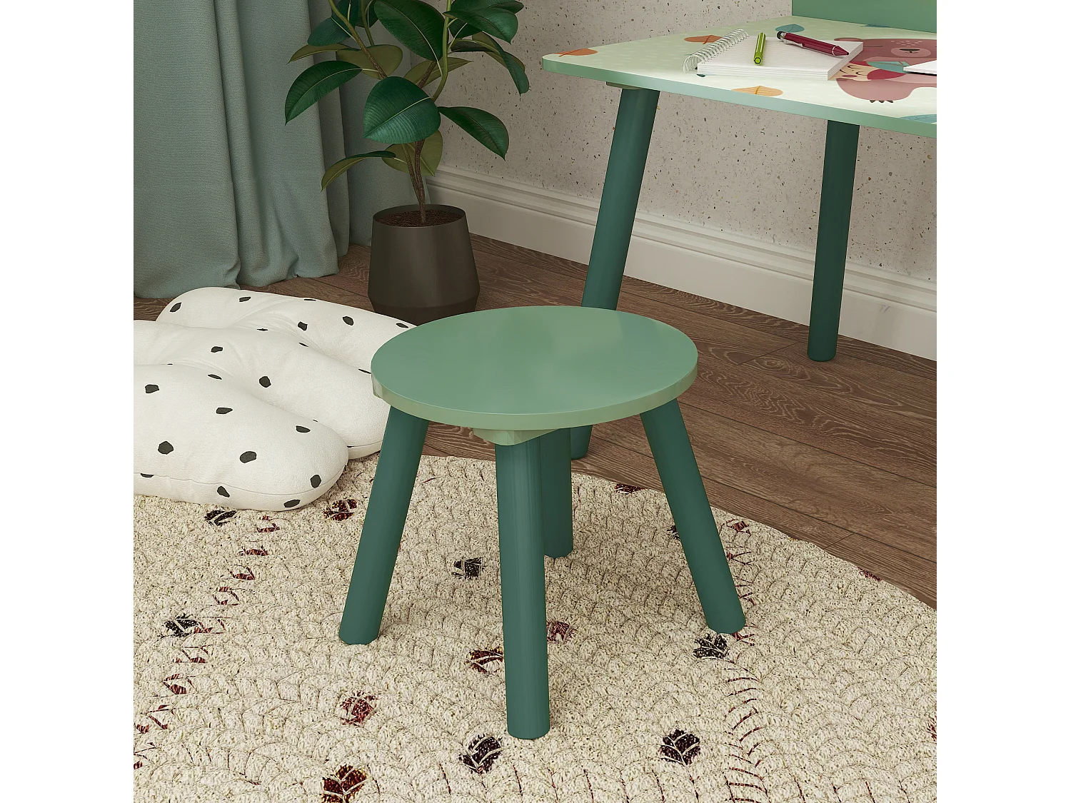 Ensemble table et tabouret enfant design animaux de la fôret - porte-livres intégré - bois rose