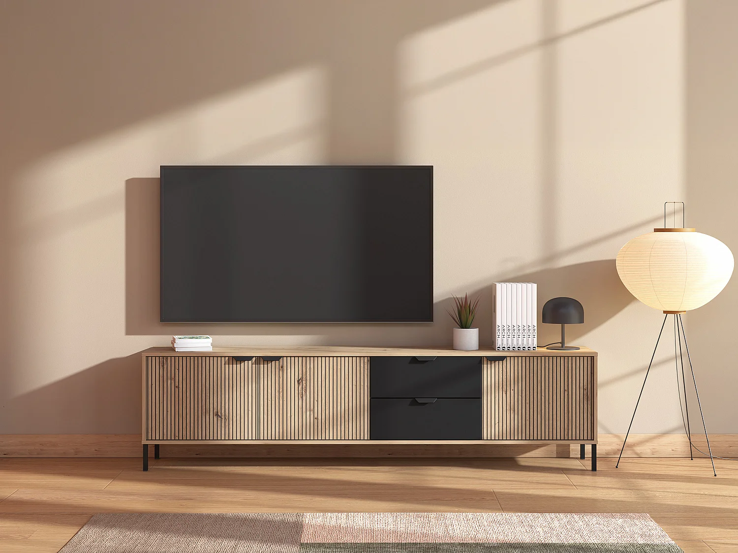 Meuble TV avec 3 portes et 2 tiroirs - Naturel et noir - MERELA