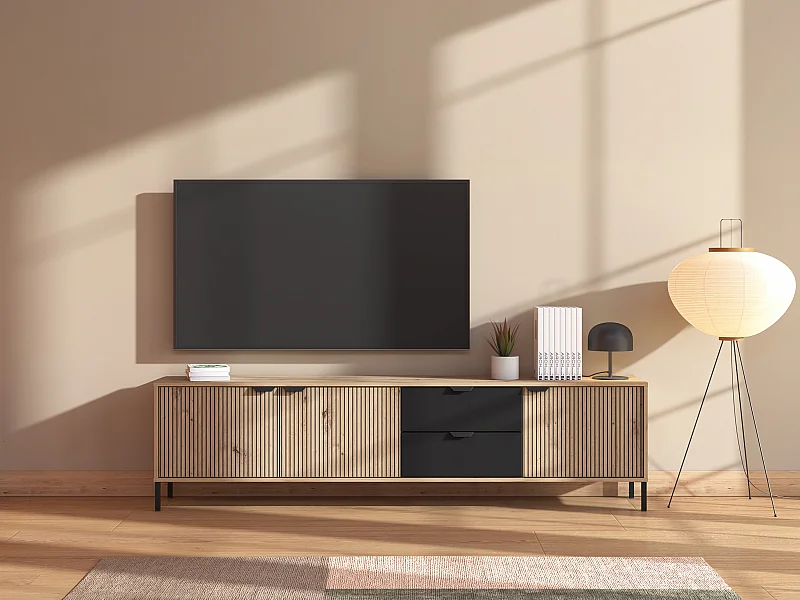 Meuble TV avec 3 portes et 2 tiroirs - Naturel et noir - MERELA