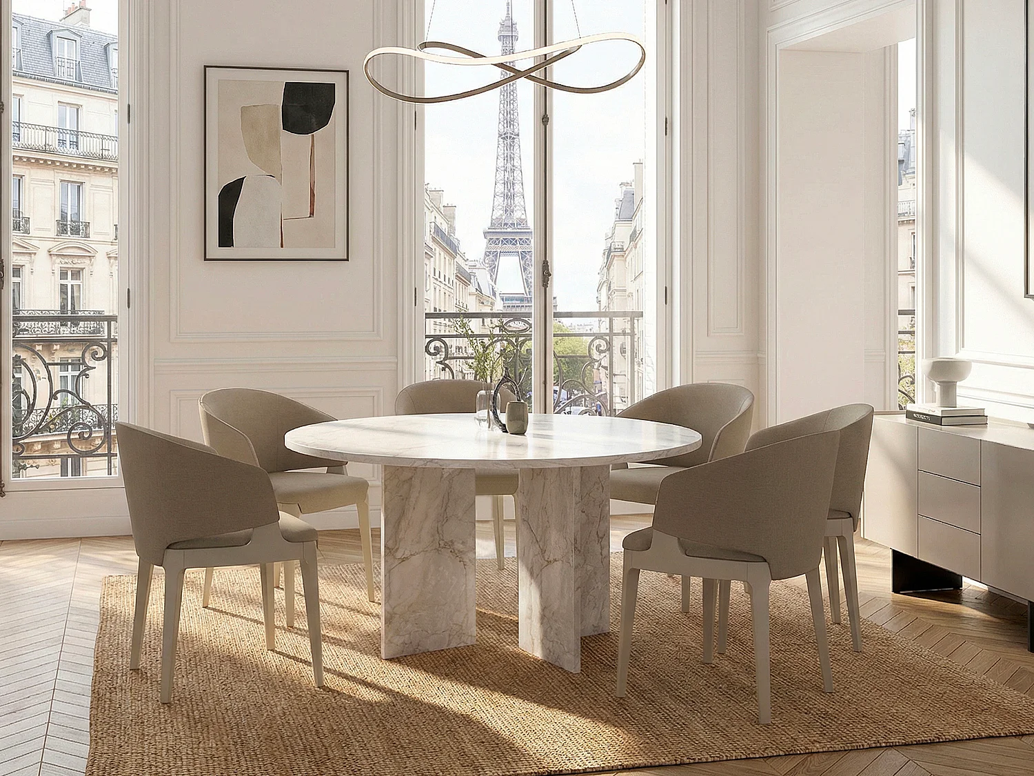 Table à manger ronde 6 personnes - Effet marbre blanc - TOPANIA