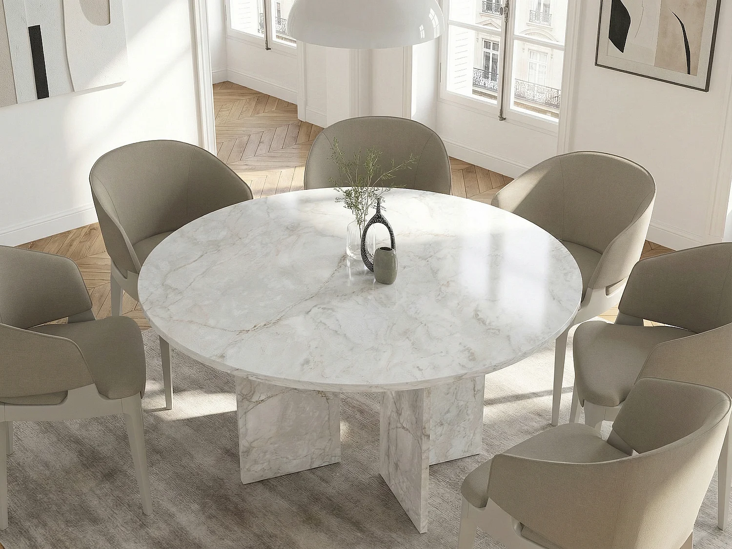 Table à manger ronde 6 personnes - Effet marbre blanc - TOPANIA