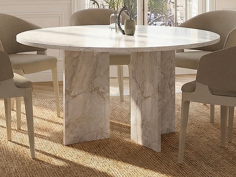 Table à manger ronde 6 personnes - Effet marbre blanc - TOPANIA