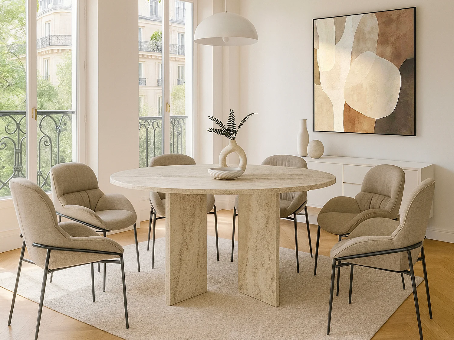 Table à manger ronde 6 personnes - Effet travertin beige - TOPANIA