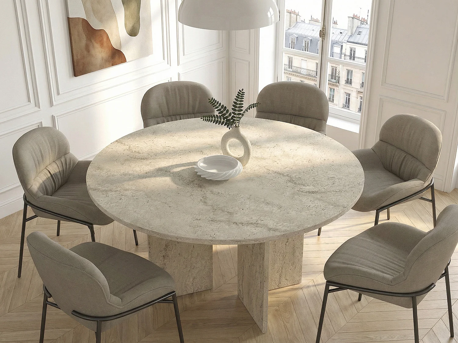Table à manger ronde 6 personnes - Effet travertin beige - TOPANIA