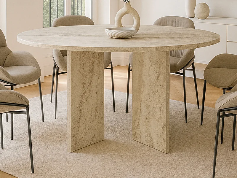 Table à manger ronde 6 personnes - Effet travertin beige - TOPANIA