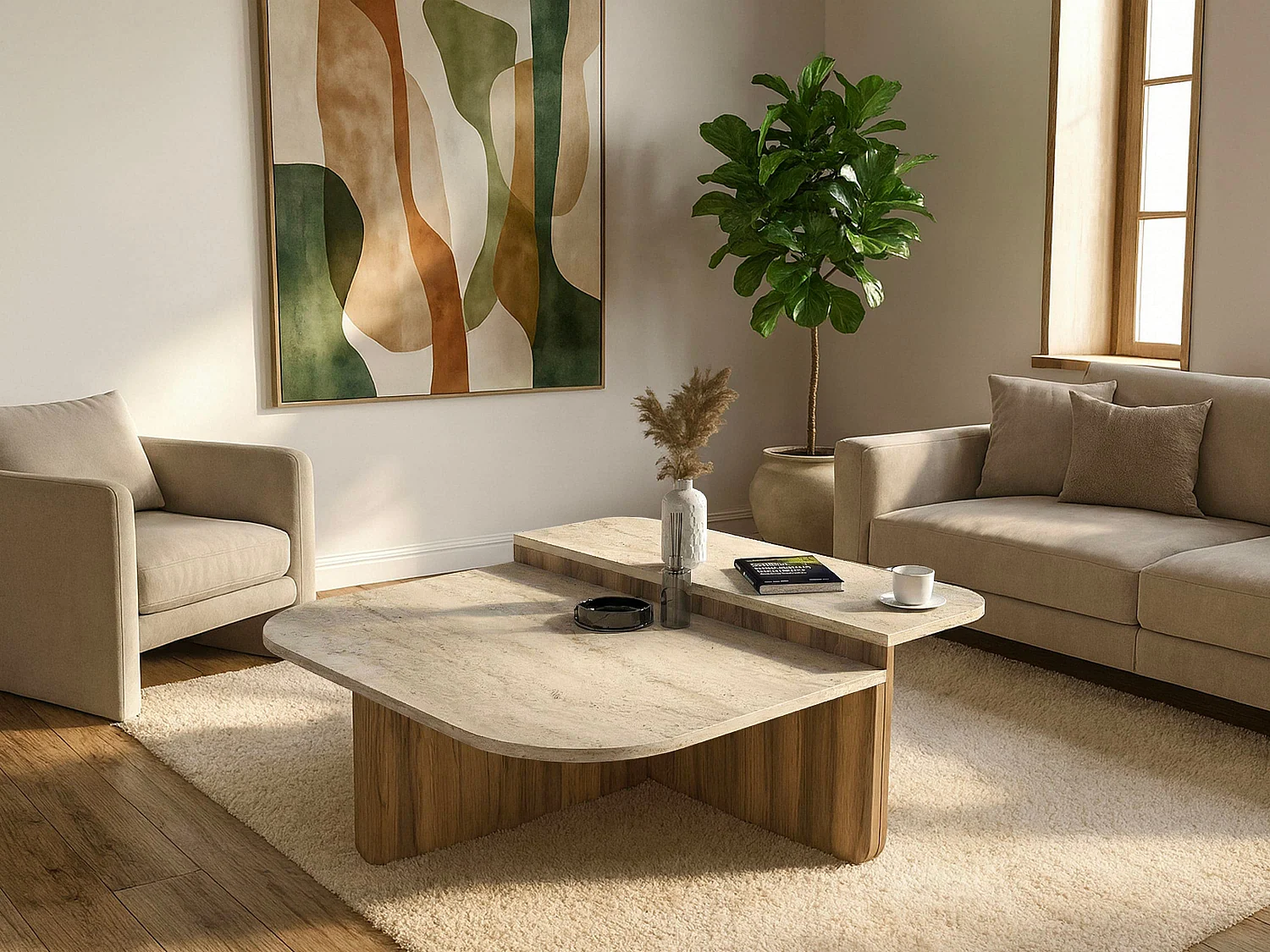 Table basse - Effet travertin beige et naturel foncé - MARALIA