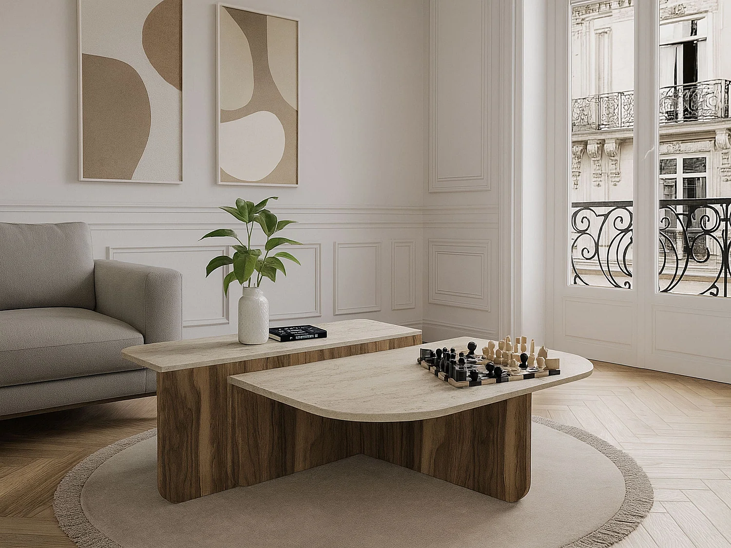 Table basse - Effet travertin beige et naturel foncé - MARALIA