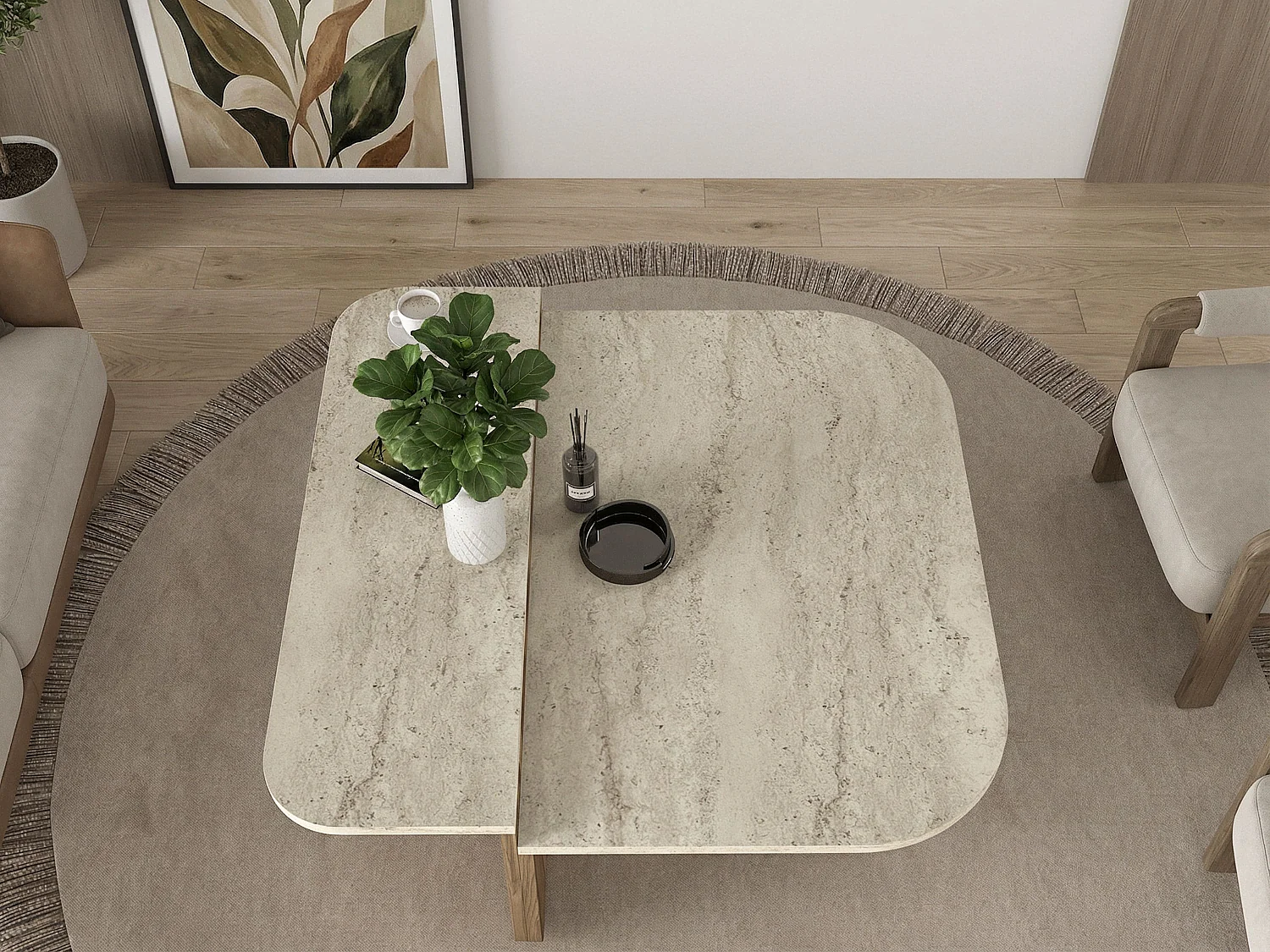 Table basse - Effet travertin beige et naturel foncé - MARALIA