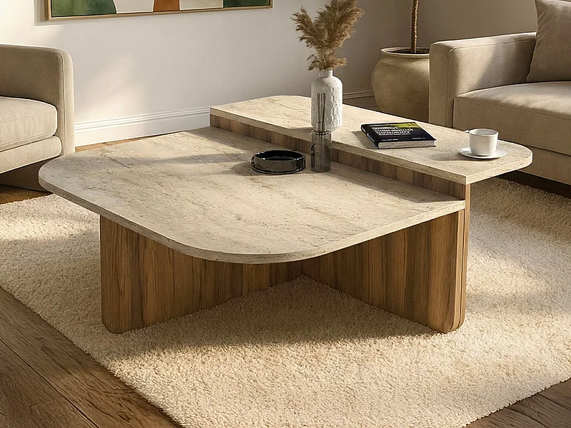 Table basse - Effet travertin beige et naturel foncé - MARALIA