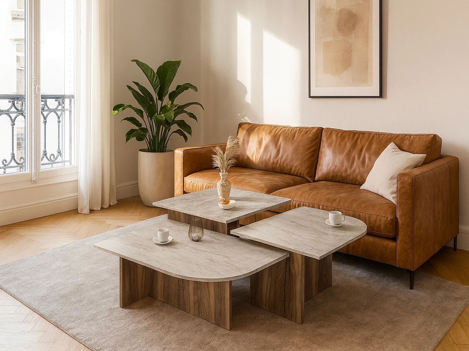 Tables basses gigognes - Effet travertin beige et naturel foncé - OMELINA