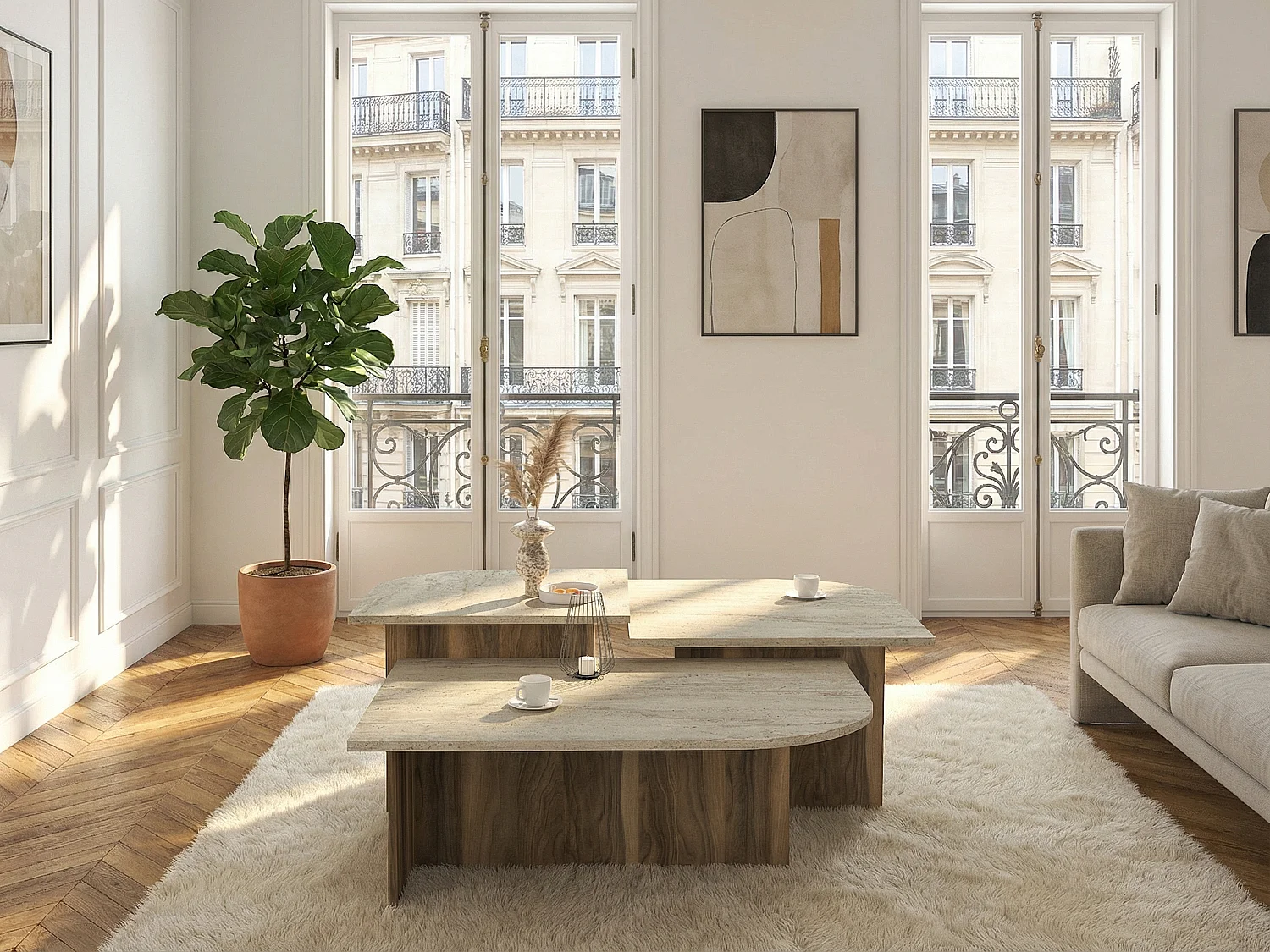 Tables basses gigognes - Effet travertin beige et naturel foncé - OMELINA