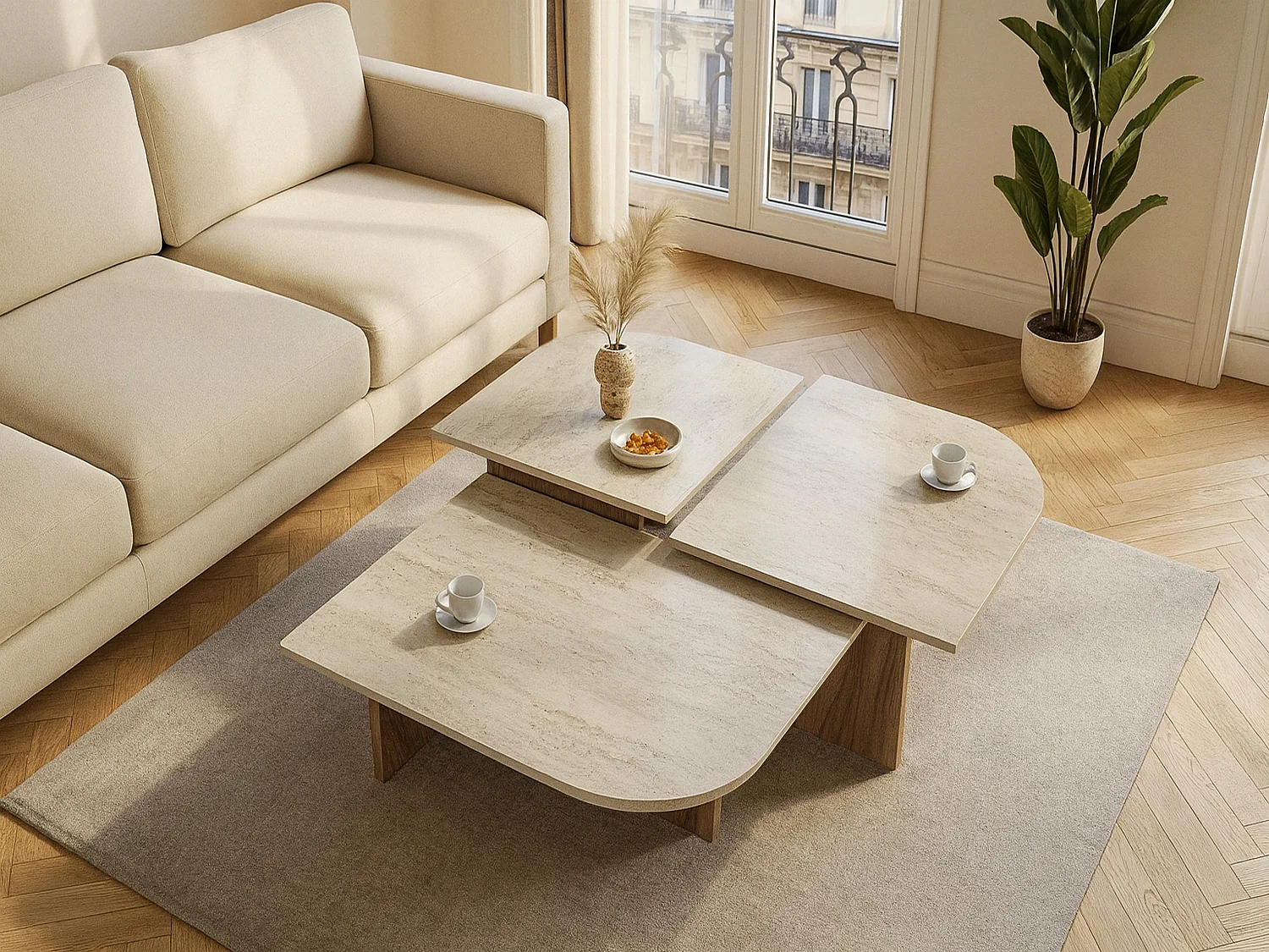 Tables basses gigognes - Effet travertin beige et naturel foncé - OMELINA