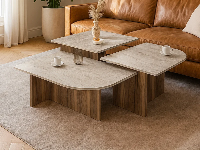 Tables basses gigognes - Effet travertin beige et naturel foncé - OMELINA