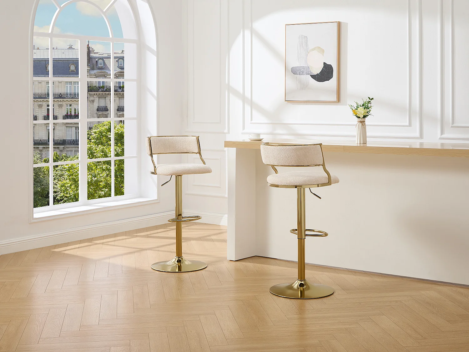 Sgabello da bar in tessuto testurizzato e metallo dorato Altezza regolabile Crema - Lotto di 2 - MAYEMA