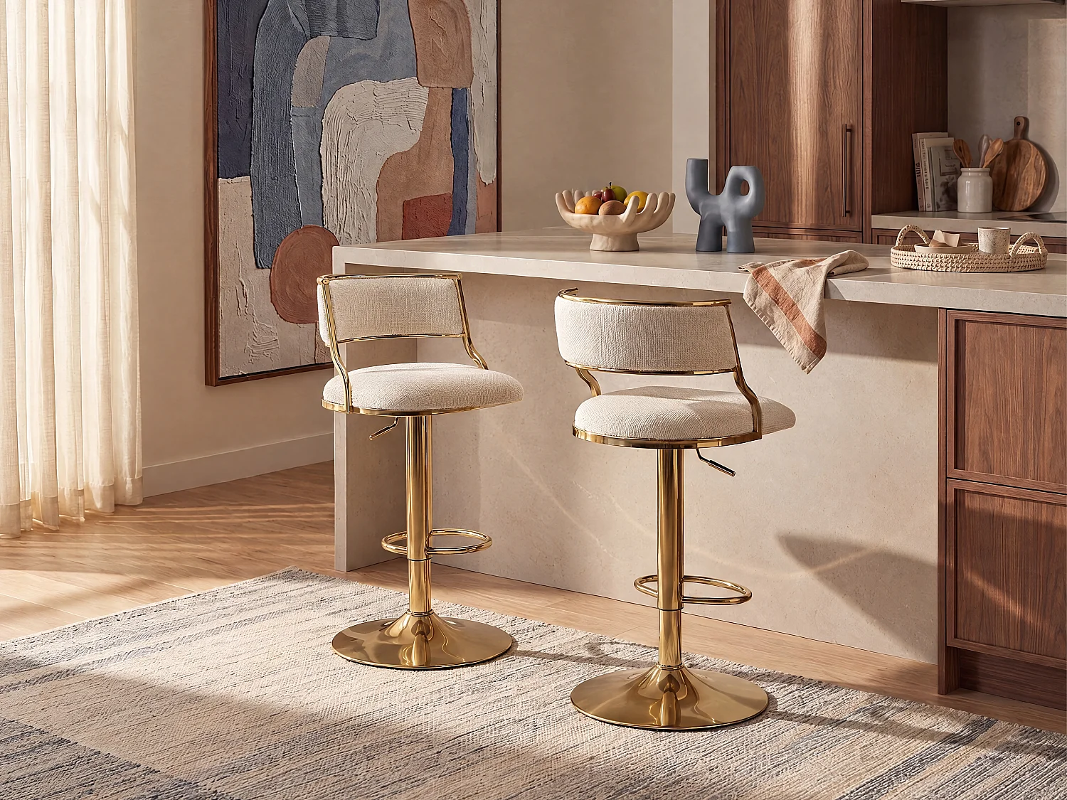 2er-Set Barhocker aus strukturiertem Stoff und goldfarbenem Metall – Höhenverstellbar – Creme – MAYEMA
