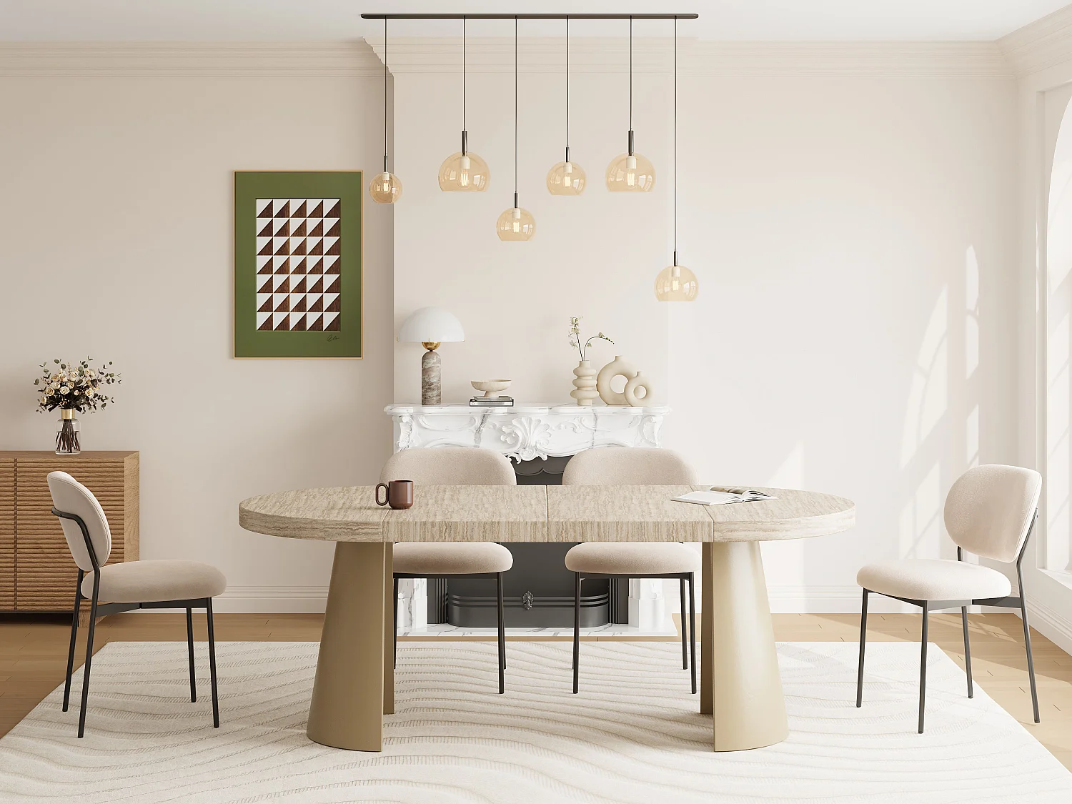 Table à manger extensible 4 à 12 personnes en MDF et métal beige - Effet travertin beige - JARELIA