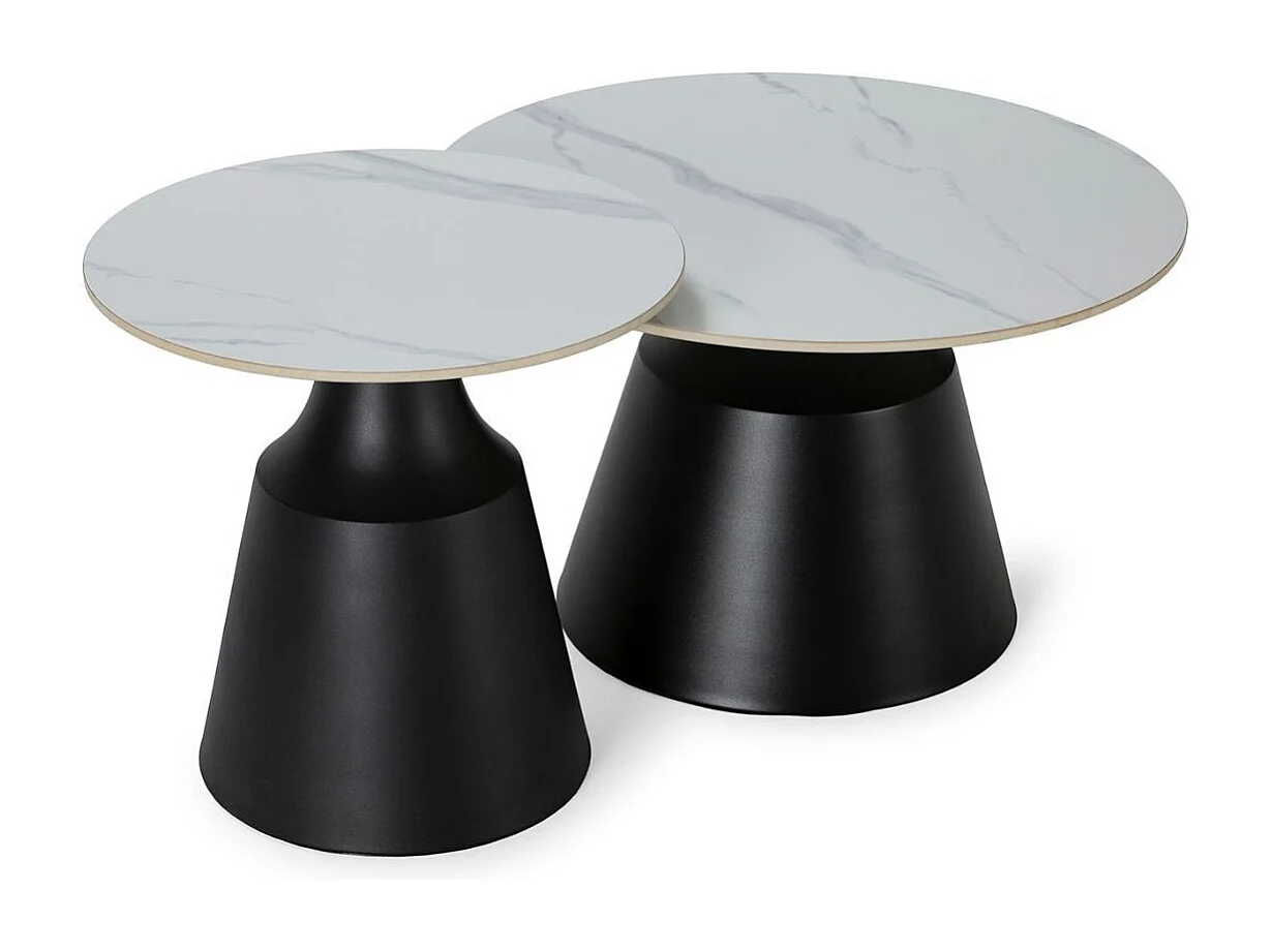 Ensemble de 2 tables basses plateaux céramique imitation marbre blanc pied central en métal - REYLI
