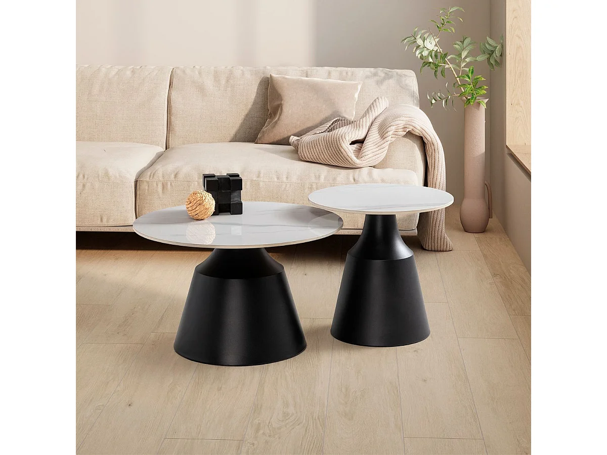 Ensemble de 2 tables basses plateaux céramique imitation marbre blanc pied central en métal - REYLI