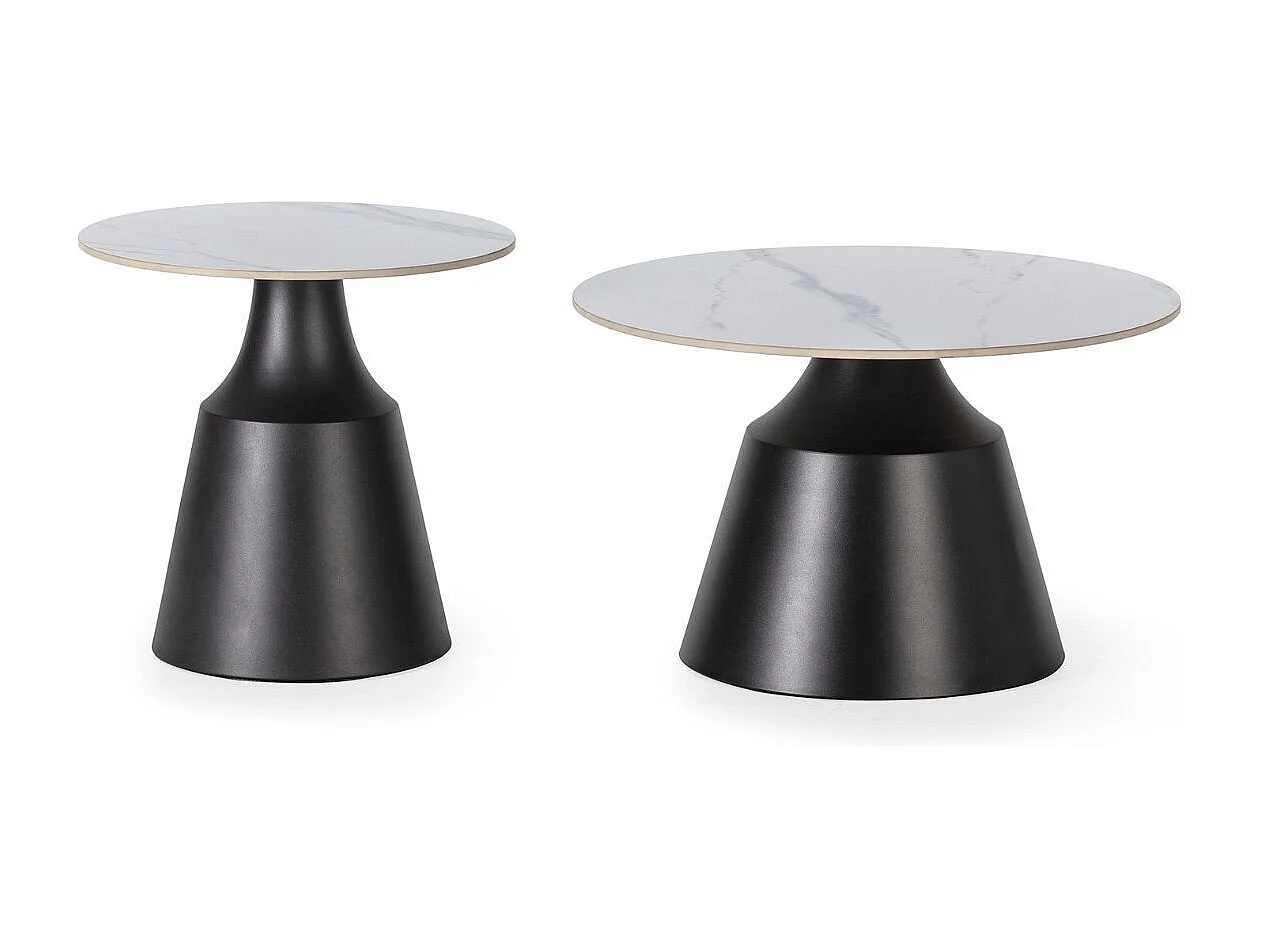 Ensemble de 2 tables basses plateaux céramique imitation marbre blanc pied central en métal - REYLI