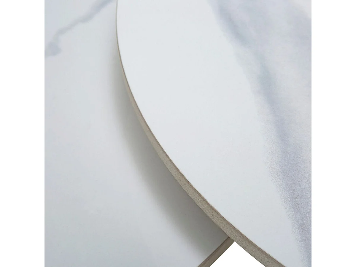 Ensemble de 2 tables basses plateaux céramique imitation marbre blanc pied central en métal - REYLI