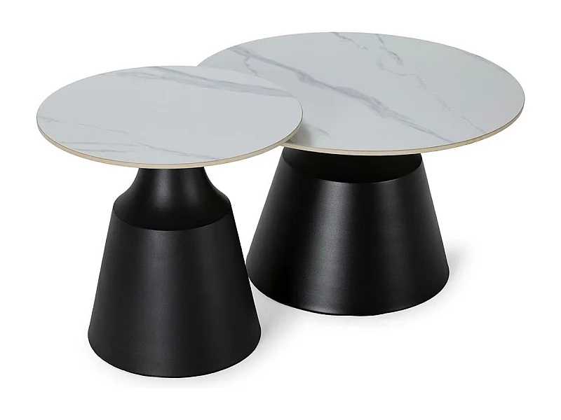 Ensemble de 2 tables basses plateaux céramique imitation marbre blanc pied central en métal - REYLI