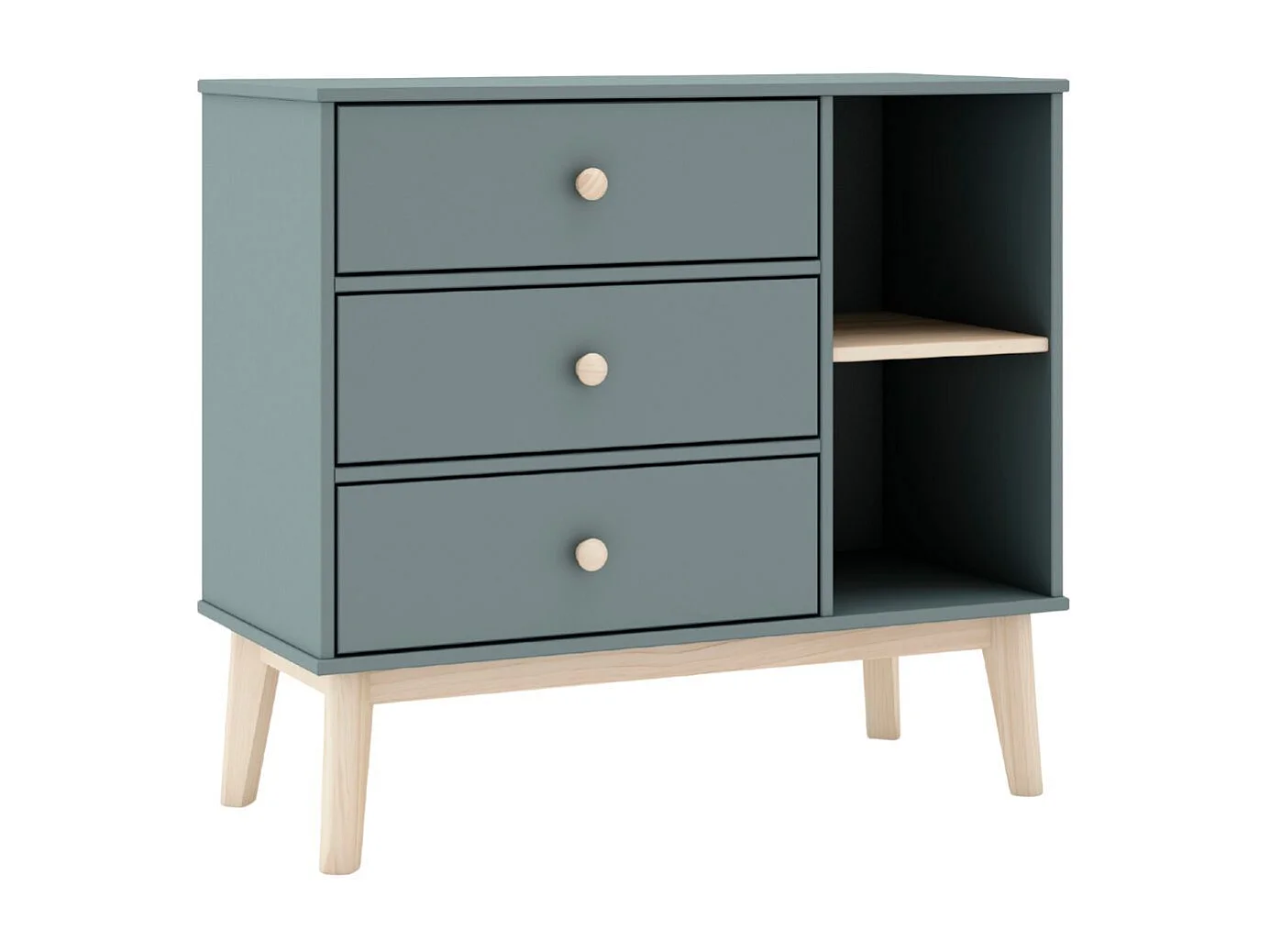 Commode 2 tiroirs et 2 niches en pin massif et MDF laqué vert kaki et naturel - KAINA