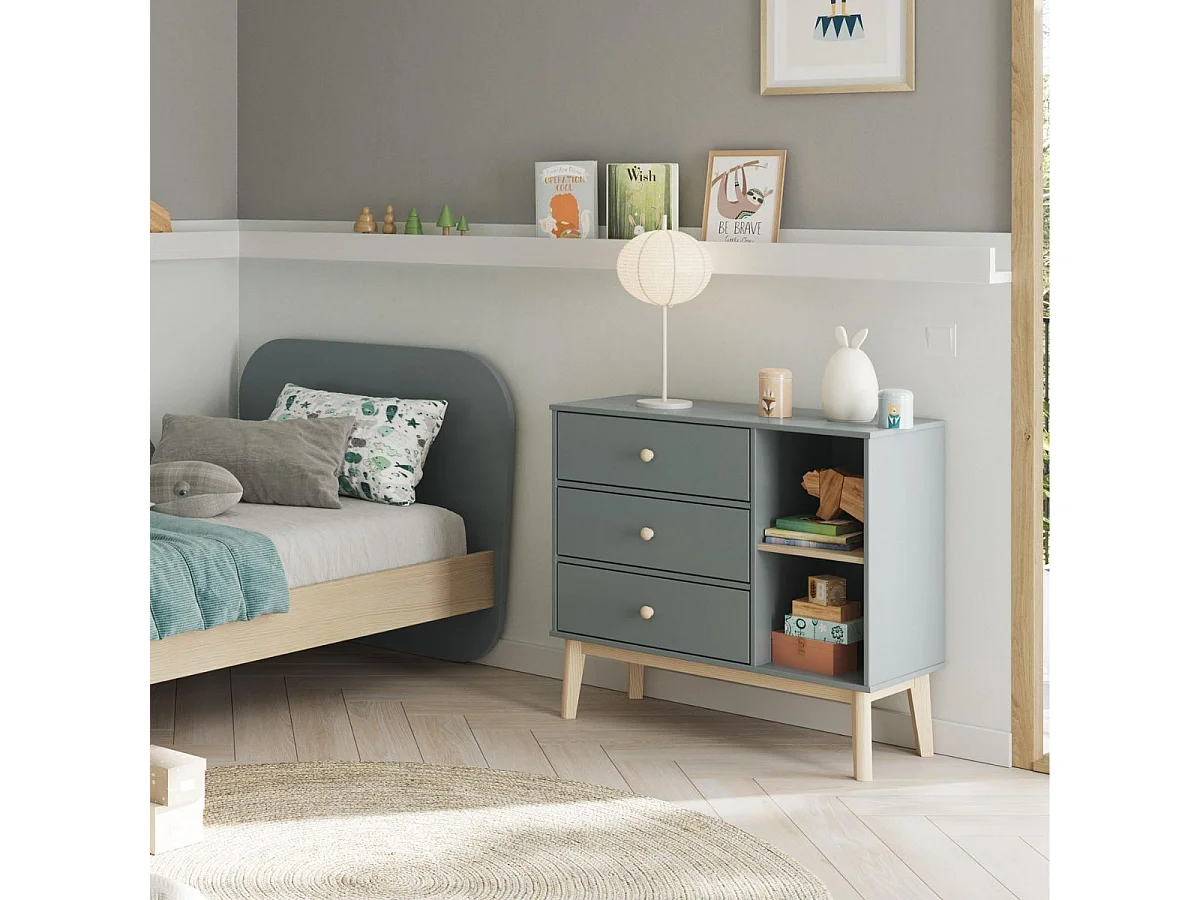 Commode 2 tiroirs et 2 niches en pin massif et MDF laqué vert kaki et naturel - KAINA