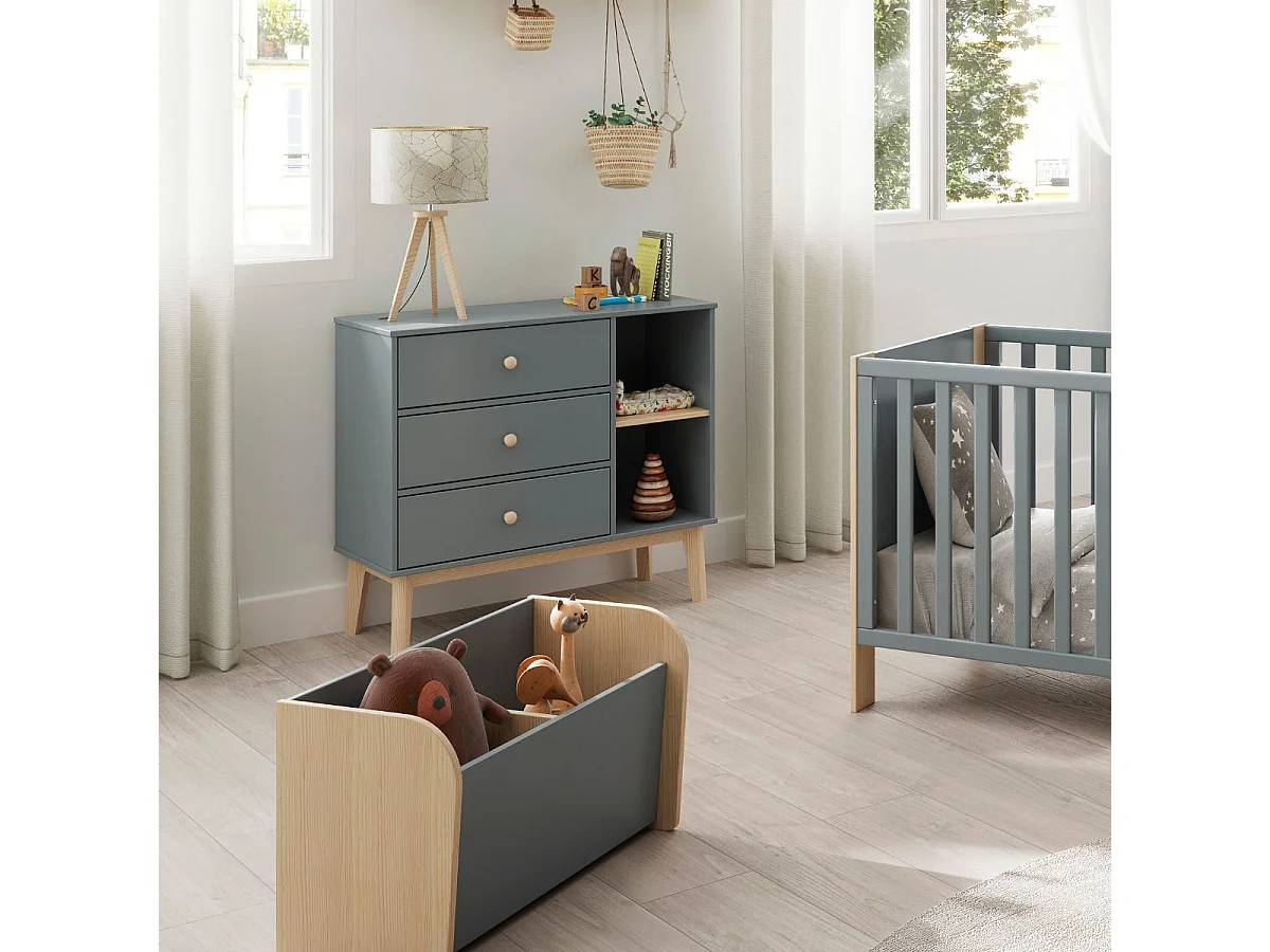 Commode 2 tiroirs et 2 niches en pin massif et MDF laqué vert kaki et naturel - KAINA