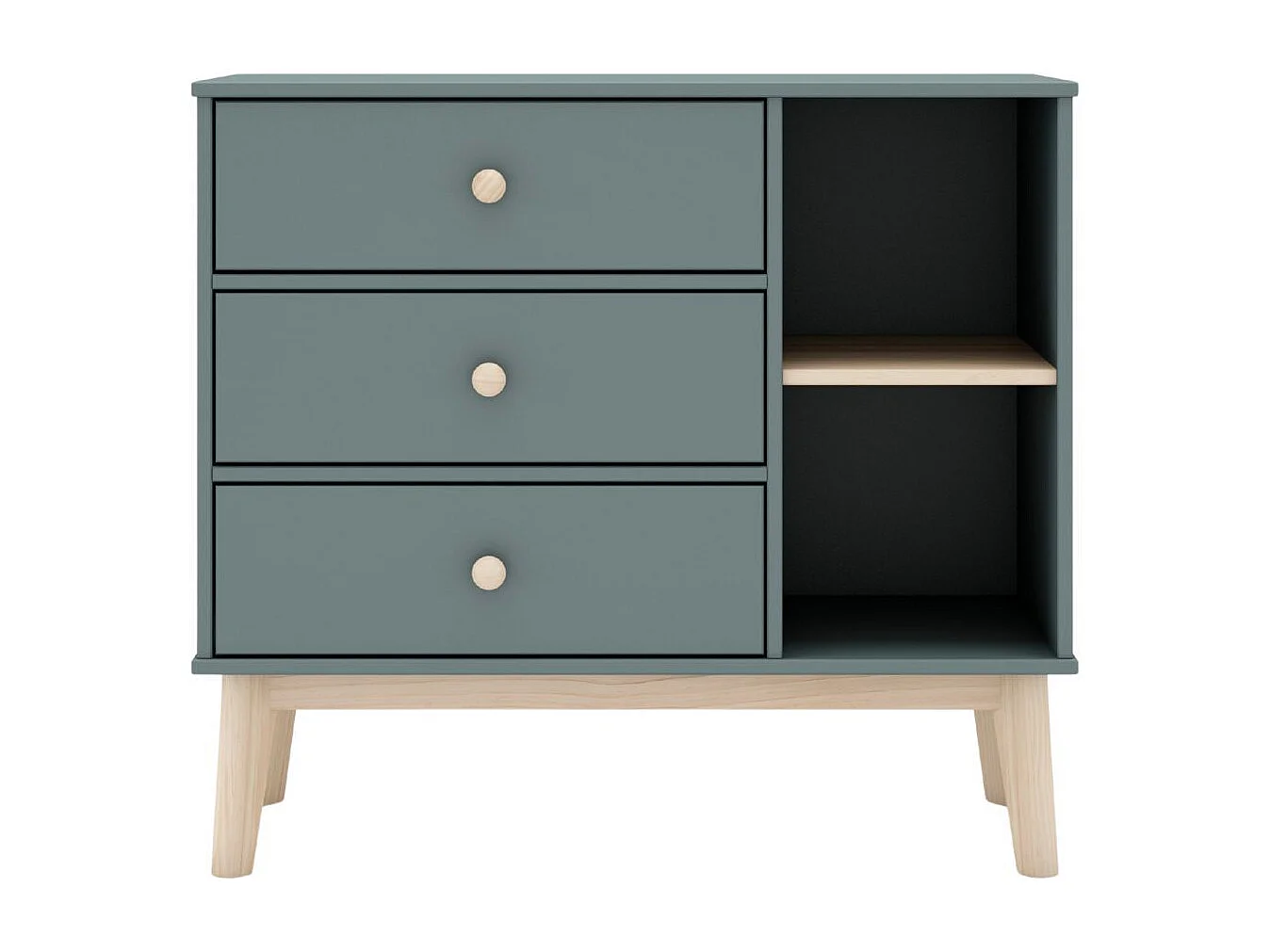 Commode 2 tiroirs et 2 niches en pin massif et MDF laqué vert kaki et naturel - KAINA