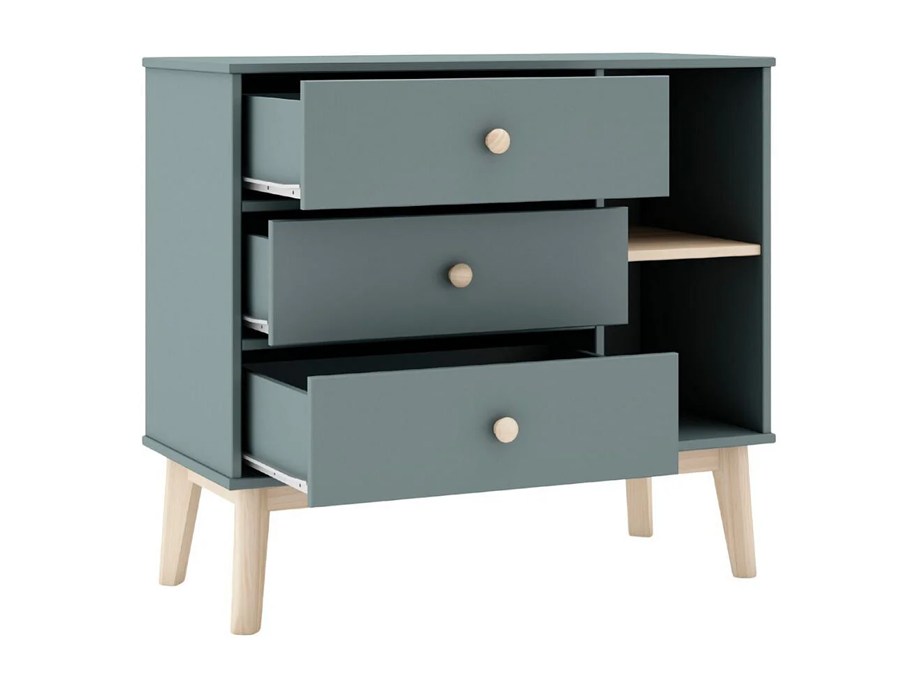 Commode 2 tiroirs et 2 niches en pin massif et MDF laqué vert kaki et naturel - KAINA