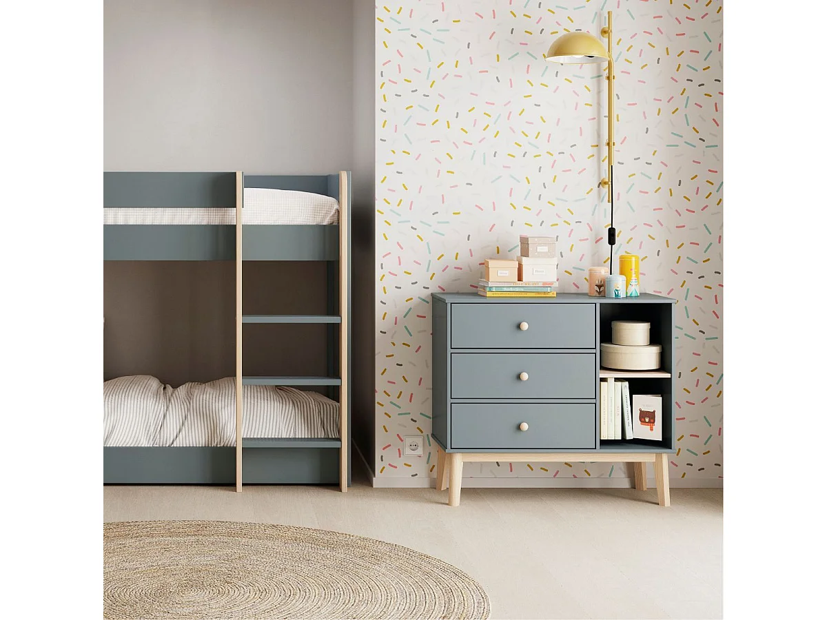 Commode 2 tiroirs et 2 niches en pin massif et MDF laqué vert kaki et naturel - KAINA