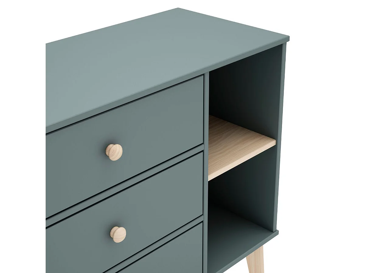 Commode 2 tiroirs et 2 niches en pin massif et MDF laqué vert kaki et naturel - KAINA