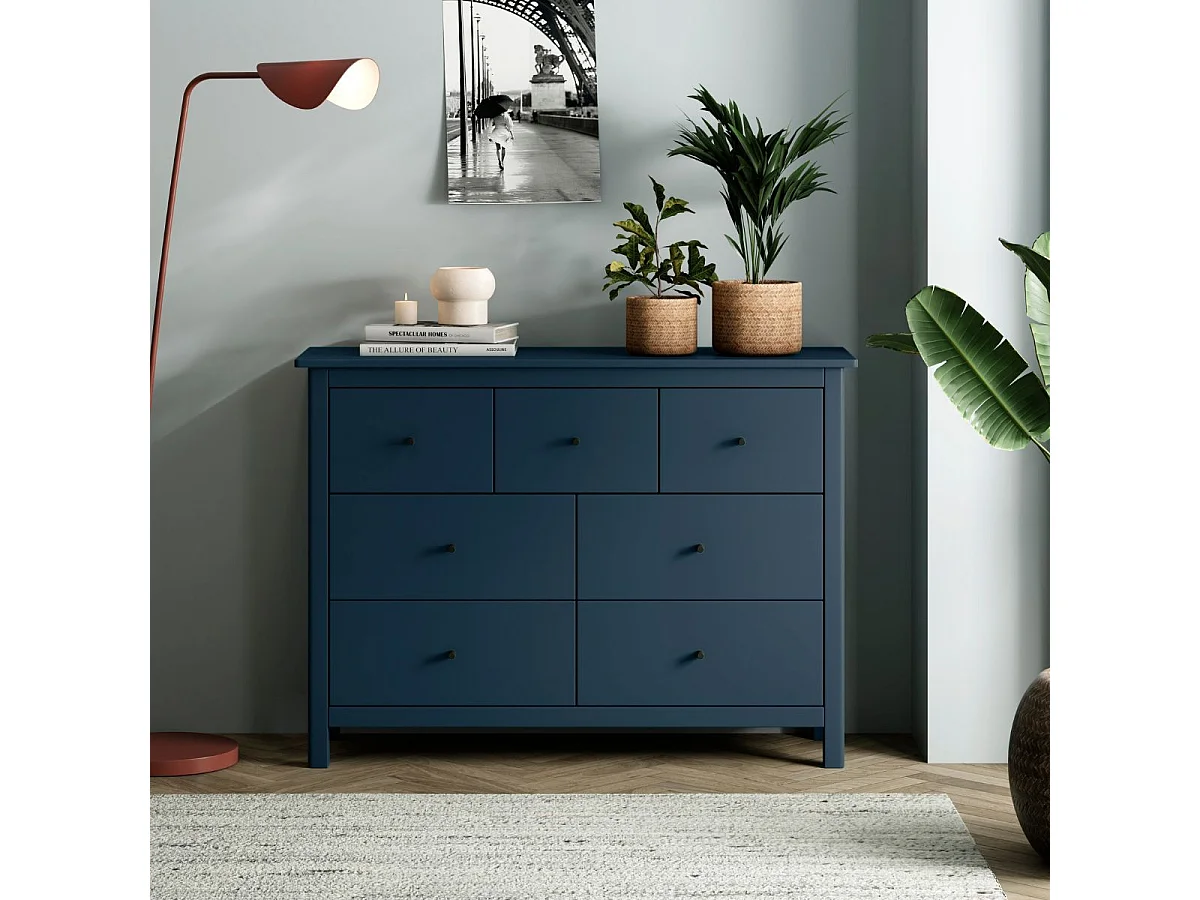 Commode 7 tiroirs en pin massif laqué bleu marine - MYSIA