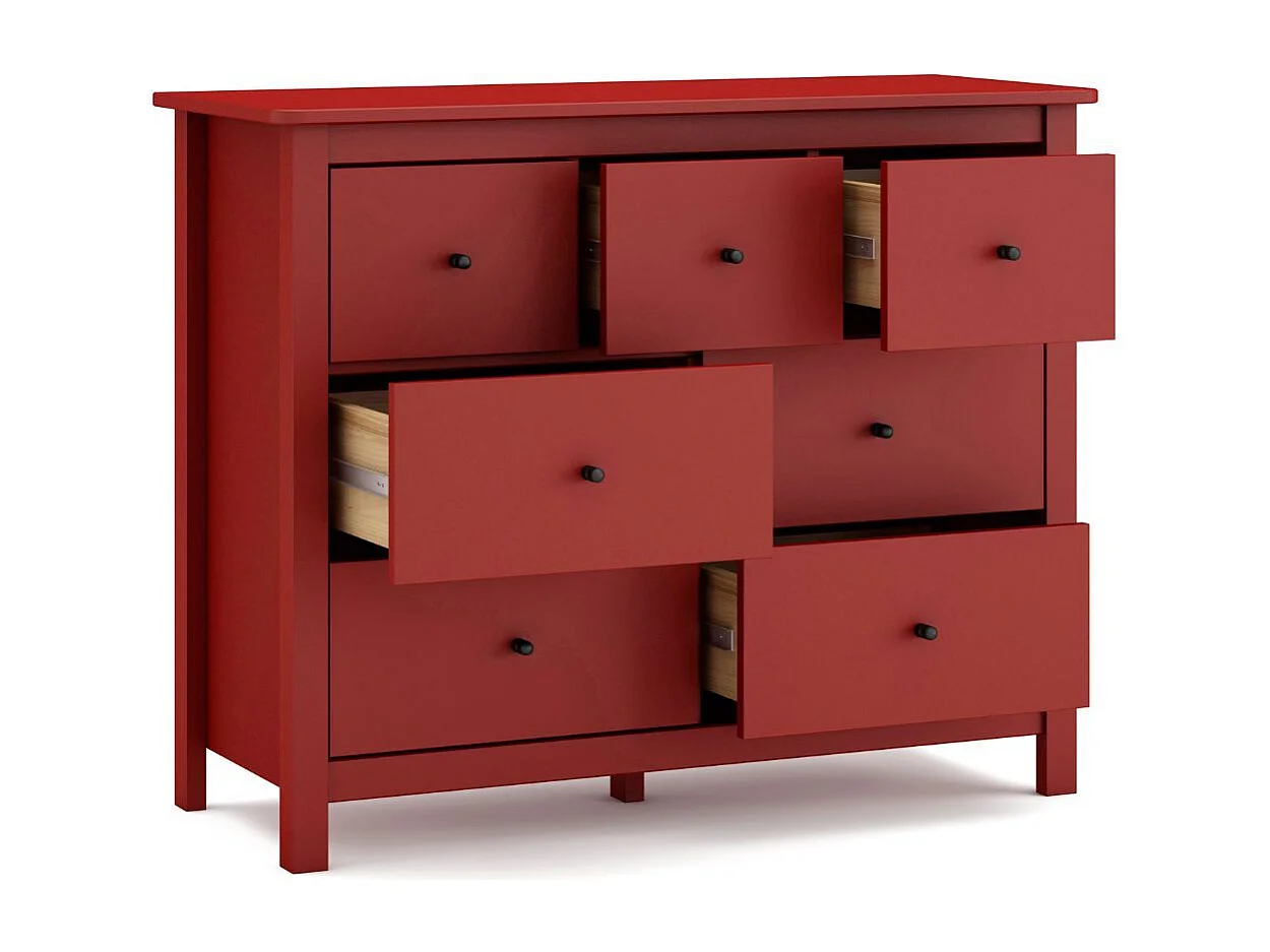 Commode 7 tiroirs en pin massif laqué rouge bordeaux - MYSIA