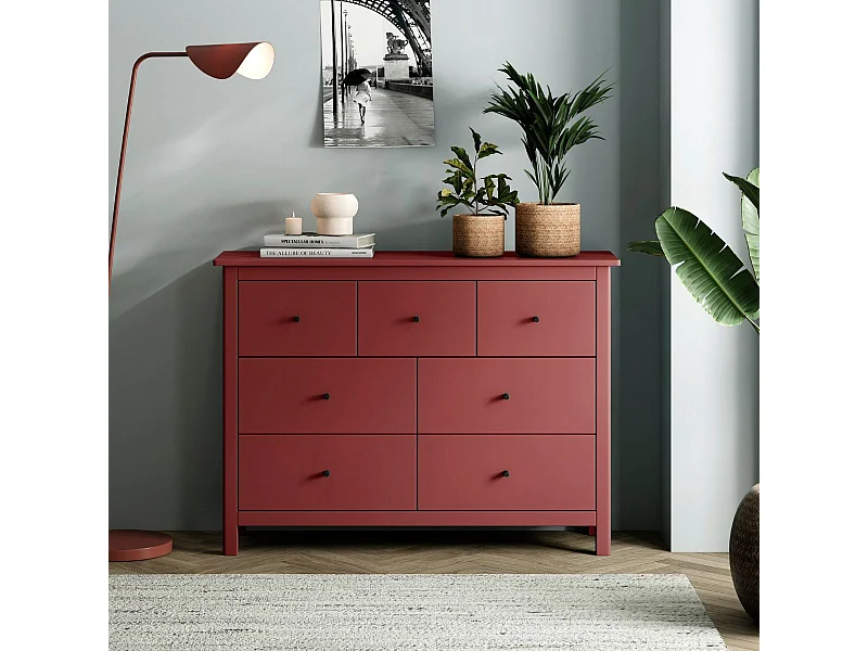 Commode 7 tiroirs en pin massif laqué rouge bordeaux - MYSIA
