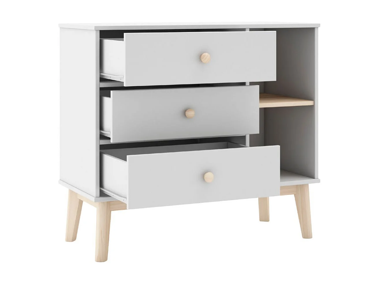 Commode 2 tiroirs et 2 niches en pin massif et MDF laqué blanc et naturel - KAINA