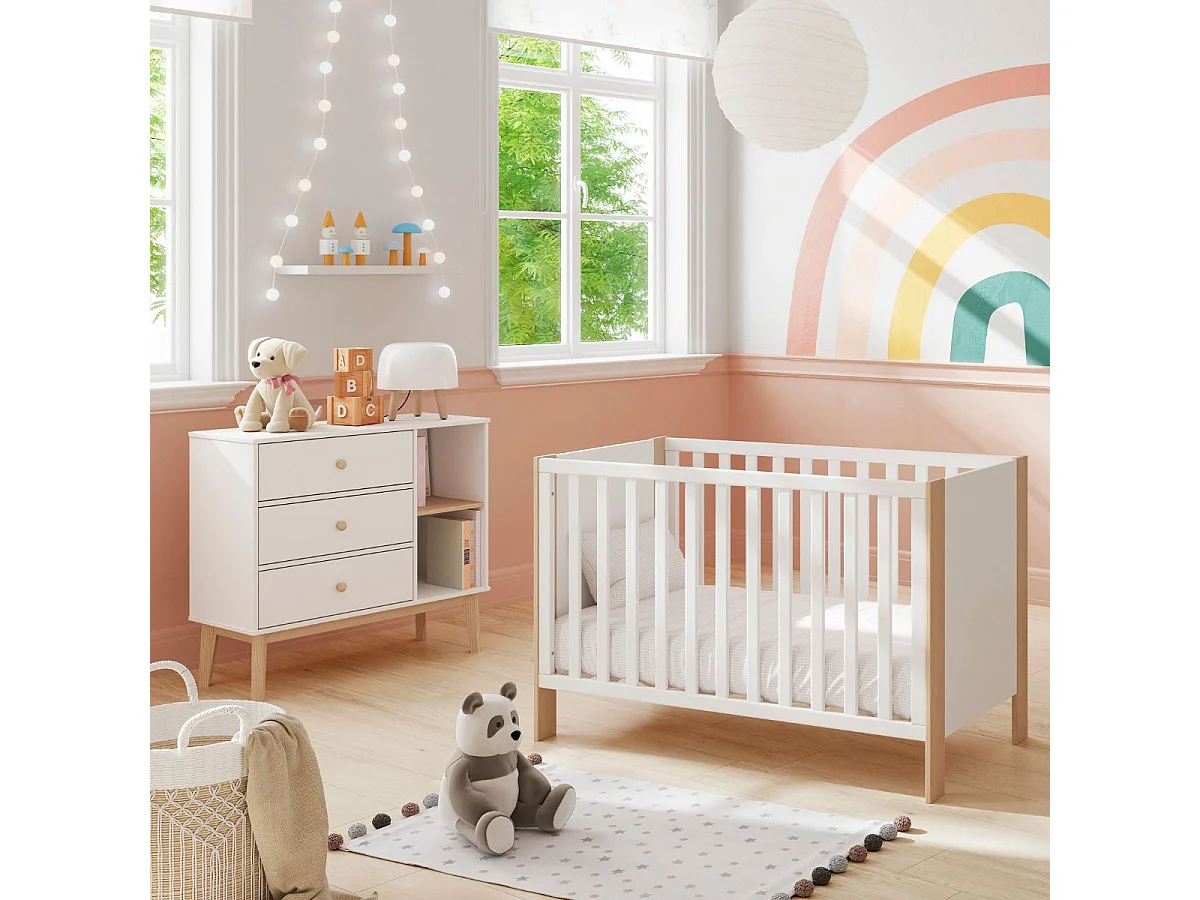 Commode 2 tiroirs et 2 niches en pin massif et MDF laqué blanc et naturel - KAINA