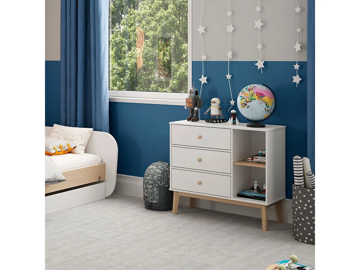 Commode 2 tiroirs et 2 niches en pin massif et MDF laqué blanc et naturel - KAINA