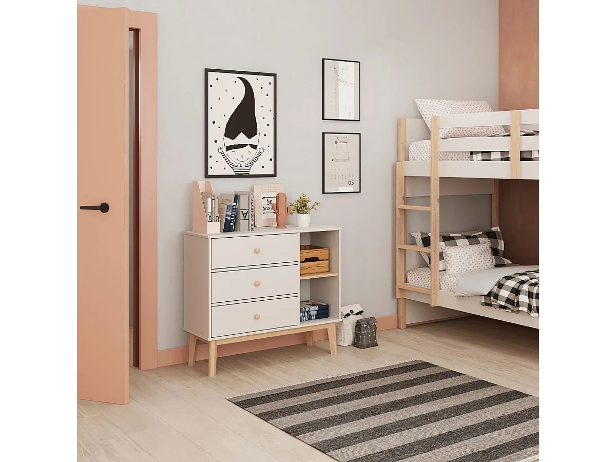 Commode 2 tiroirs et 2 niches en pin massif et MDF laqué blanc et naturel - KAINA