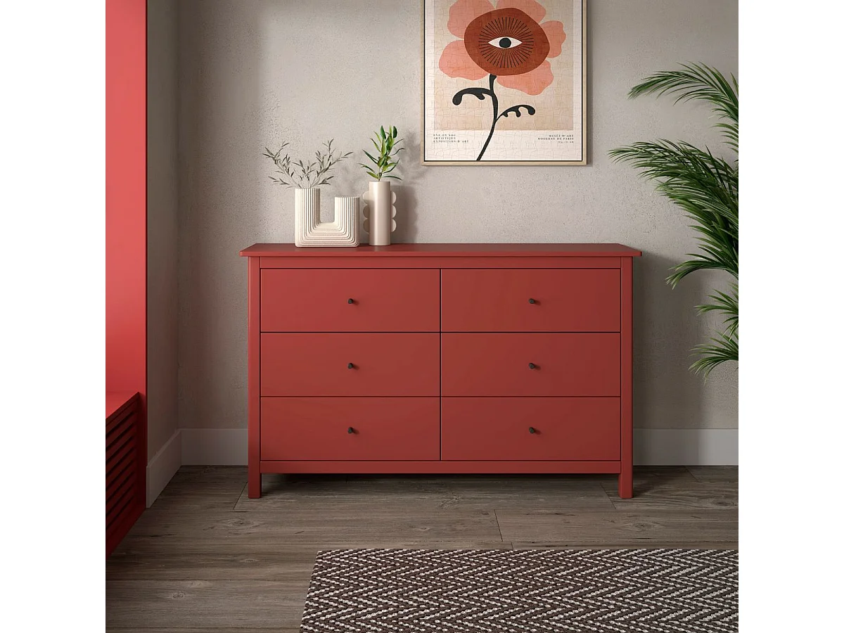 Commode 6 tiroirs en pin massif laqué rouge bordeaux - MYSIA