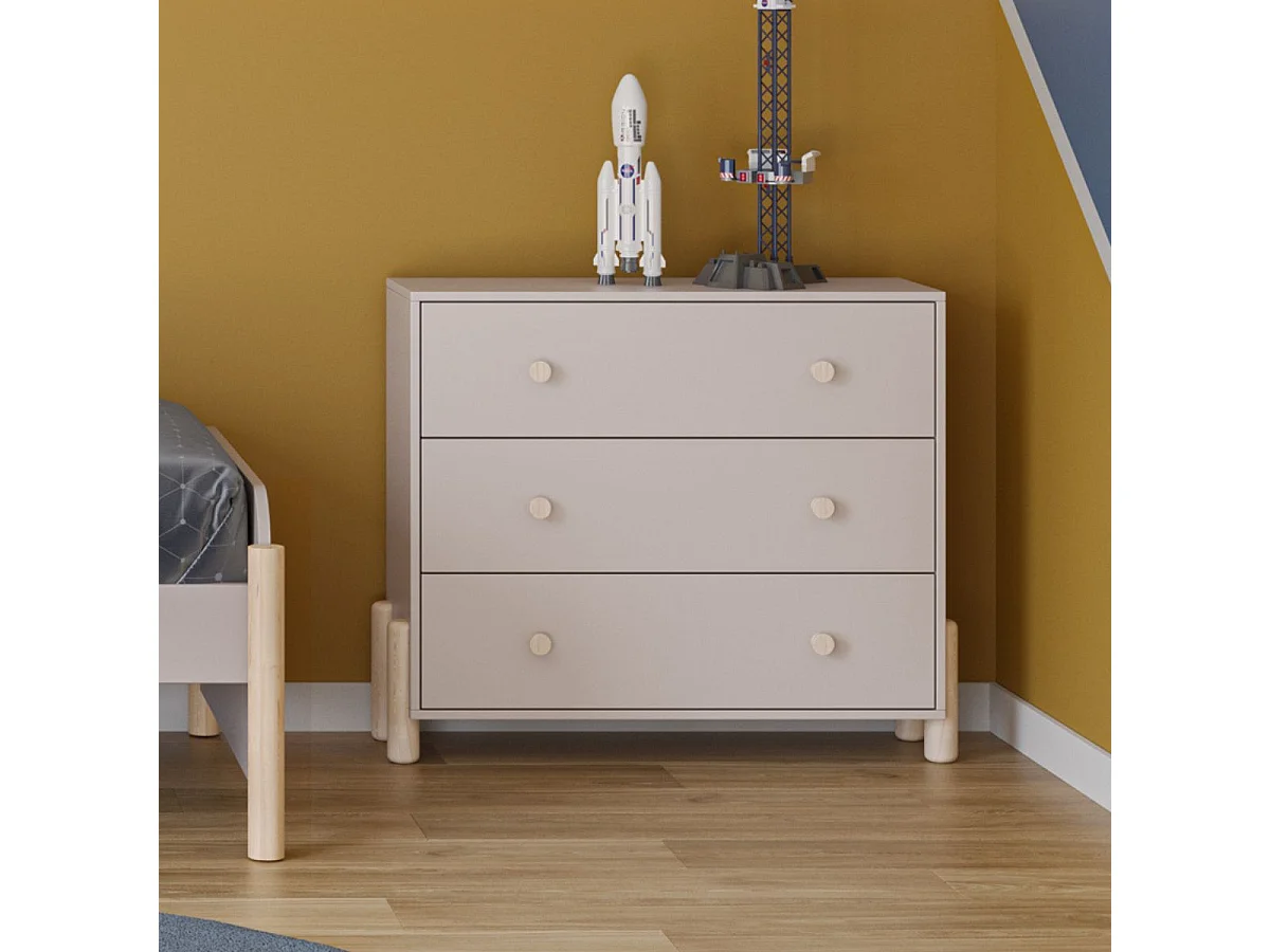 Commode 3 tiroirs en MDF et pin massif laqué crème pieds en pin naturel - ENORA