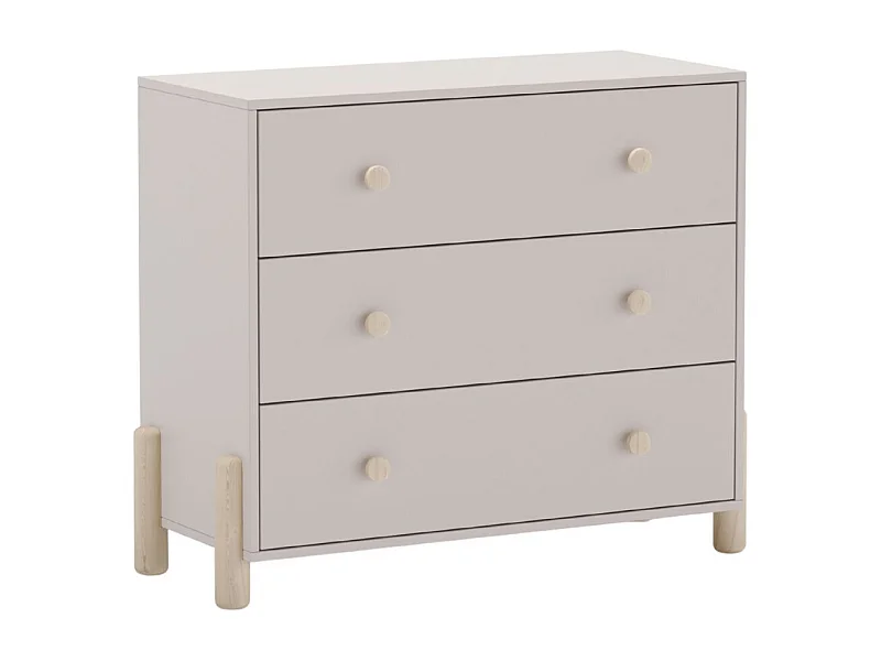 Commode 3 tiroirs en MDF et pin massif laqué crème pieds en pin naturel - ENORA