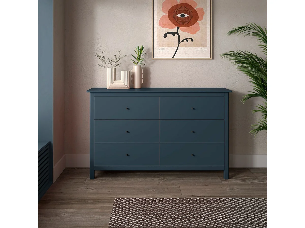 Commode 6 tiroirs en pin massif laqué bleu marine - MYSIA