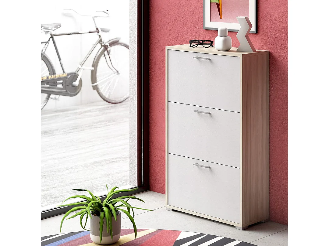 Meuble À Chaussures En Bois Teinté Orme Avec 3 Portes Blanches